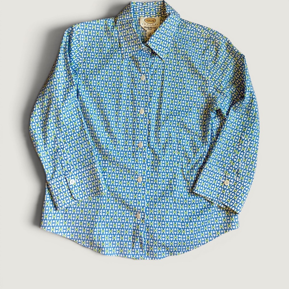 Talbots Petites Sz 2 Blue Geometric Wrinkle Resistant Stretch Button Down Shirt